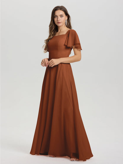 A-Line Square Neck Short Ruffle Sleeves Floor Length Chiffon Bridesmaid Dress