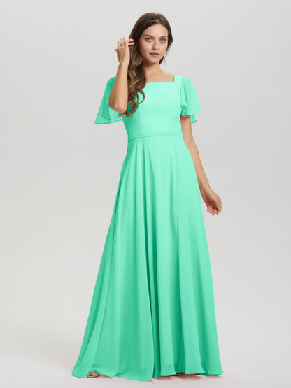 A-Line Square Neck Short Ruffle Sleeves Floor Length Chiffon Bridesmaid Dress