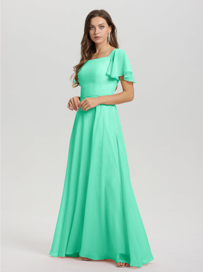 A-Line Square Neck Short Ruffle Sleeves Floor Length Chiffon Bridesmaid Dress