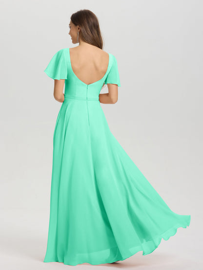 A-Line Square Neck Short Ruffle Sleeves Floor Length Chiffon Bridesmaid Dress