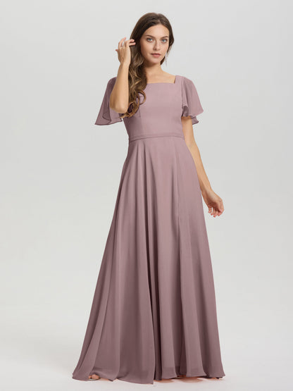 A-Line Square Neck Short Ruffle Sleeves Floor Length Chiffon Bridesmaid Dress