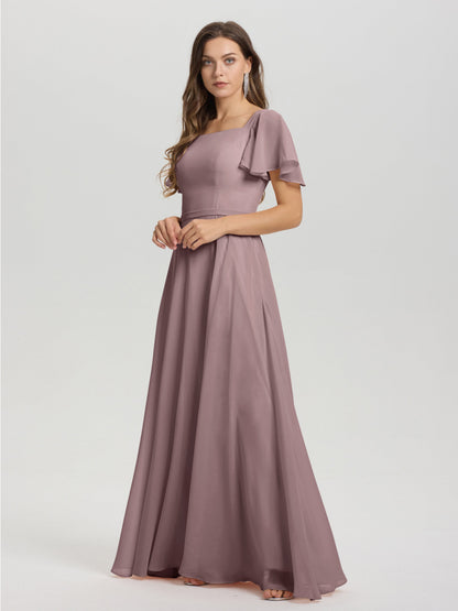 A-Line Square Neck Short Ruffle Sleeves Floor Length Chiffon Bridesmaid Dress