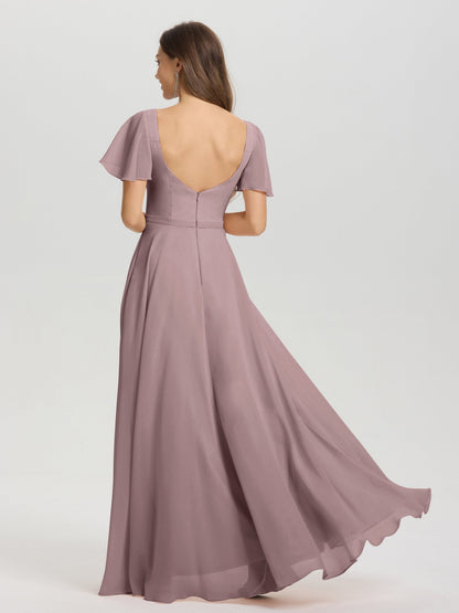 A-Line Square Neck Short Ruffle Sleeves Floor Length Chiffon Bridesmaid Dress