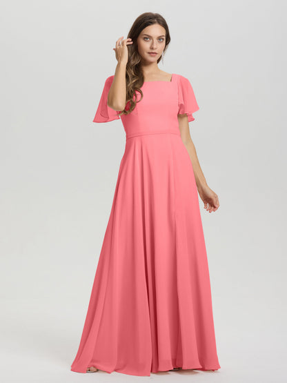 A-Line Square Neck Short Ruffle Sleeves Floor Length Chiffon Bridesmaid Dress
