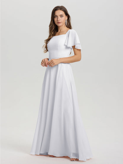 A-Line Square Neck Short Ruffle Sleeves Floor Length Chiffon Bridesmaid Dress