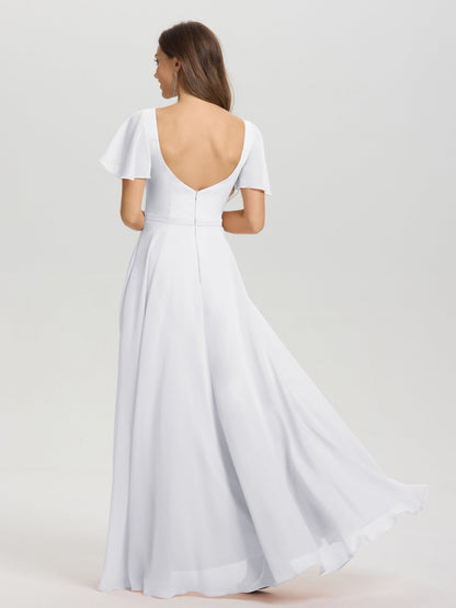 A-Line Square Neck Short Ruffle Sleeves Floor Length Chiffon Bridesmaid Dress