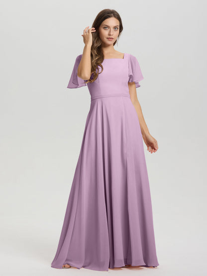 A-Line Square Neck Short Ruffle Sleeves Floor Length Chiffon Bridesmaid Dress