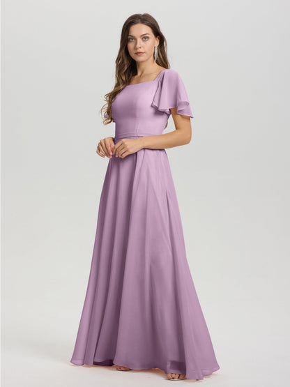 A-Line Square Neck Short Ruffle Sleeves Floor Length Chiffon Bridesmaid Dress
