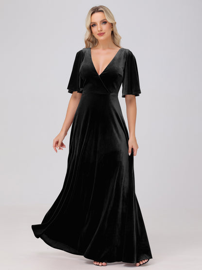 A-Line V-Neck Short Sleeves Velvet Bridesmaid Dresses