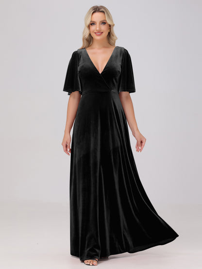 A-Line V-Neck Short Sleeves Velvet Bridesmaid Dresses