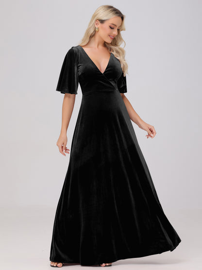 A-Line V-Neck Short Sleeves Velvet Bridesmaid Dresses