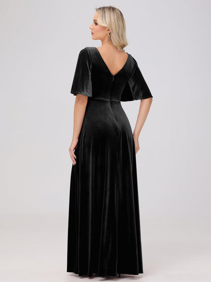 A-Line V-Neck Short Sleeves Velvet Bridesmaid Dresses