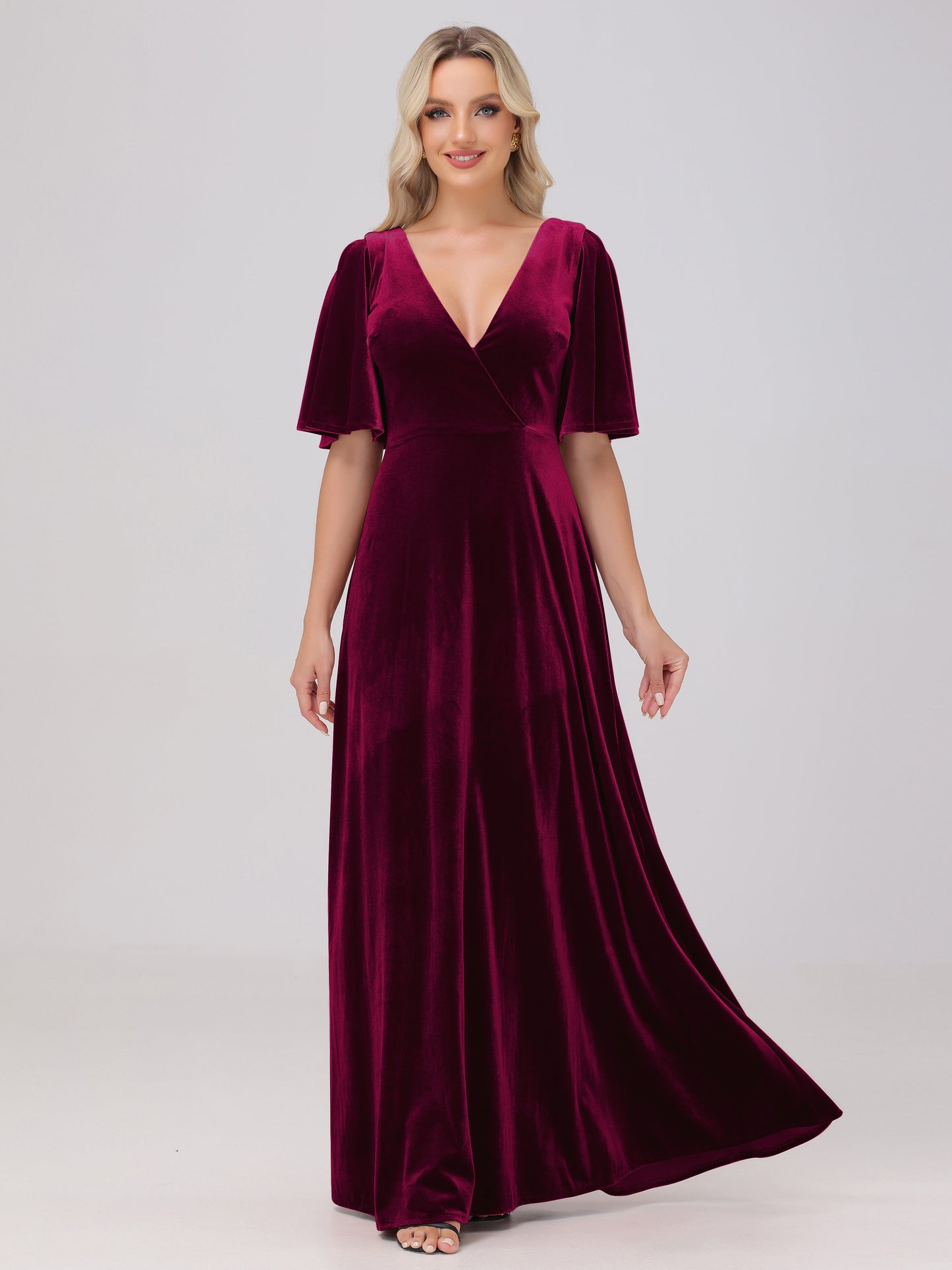 A-Line V-Neck Short Sleeves Velvet Bridesmaid Dresses