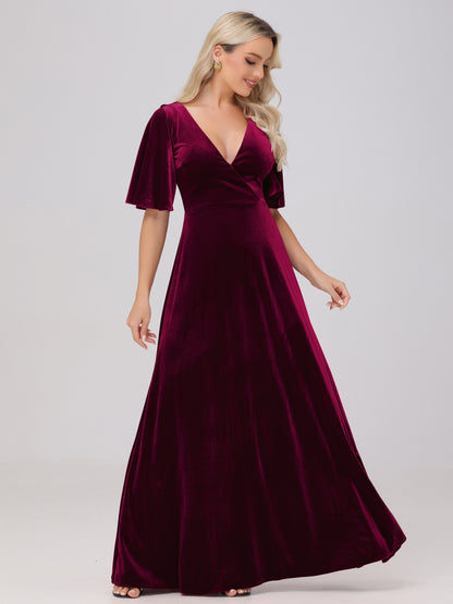 A-Line V-Neck Short Sleeves Velvet Bridesmaid Dresses