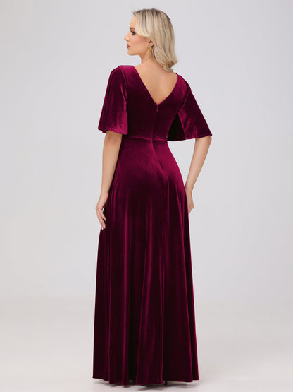 A-Line V-Neck Short Sleeves Velvet Bridesmaid Dresses
