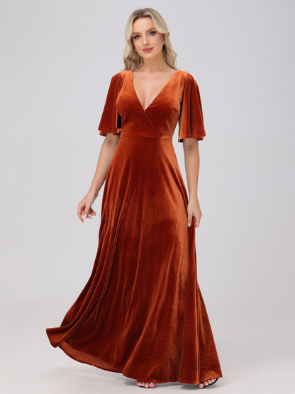 A-Line V-Neck Short Sleeves Velvet Bridesmaid Dresses