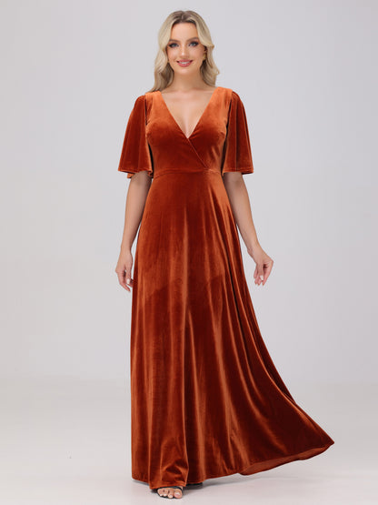 A-Line V-Neck Short Sleeves Velvet Bridesmaid Dresses