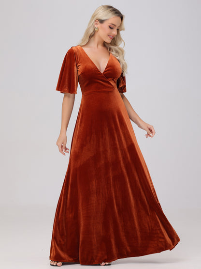 A-Line V-Neck Short Sleeves Velvet Bridesmaid Dresses