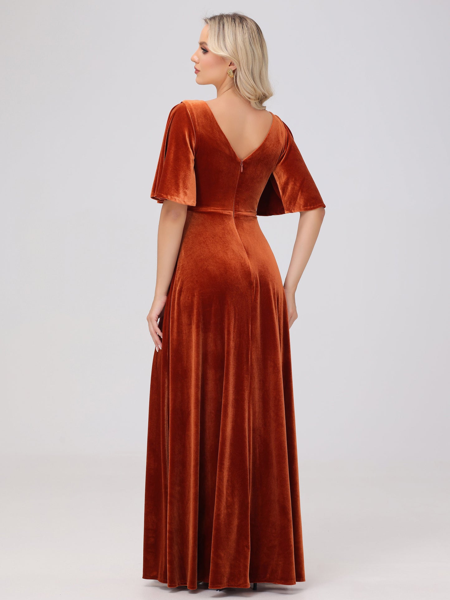 A-Line V-Neck Short Sleeves Velvet Bridesmaid Dresses