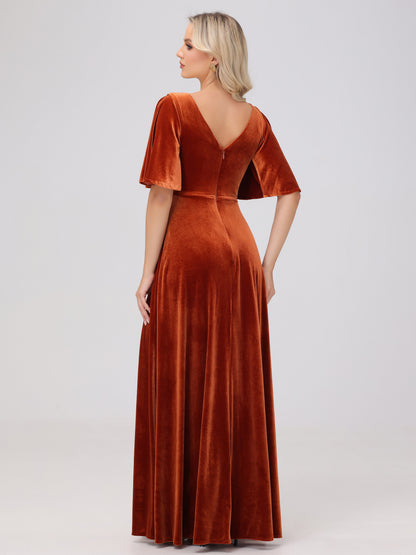 A-Line V-Neck Short Sleeves Velvet Bridesmaid Dresses