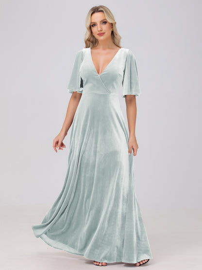 A-Line V-Neck Short Sleeves Velvet Bridesmaid Dresses