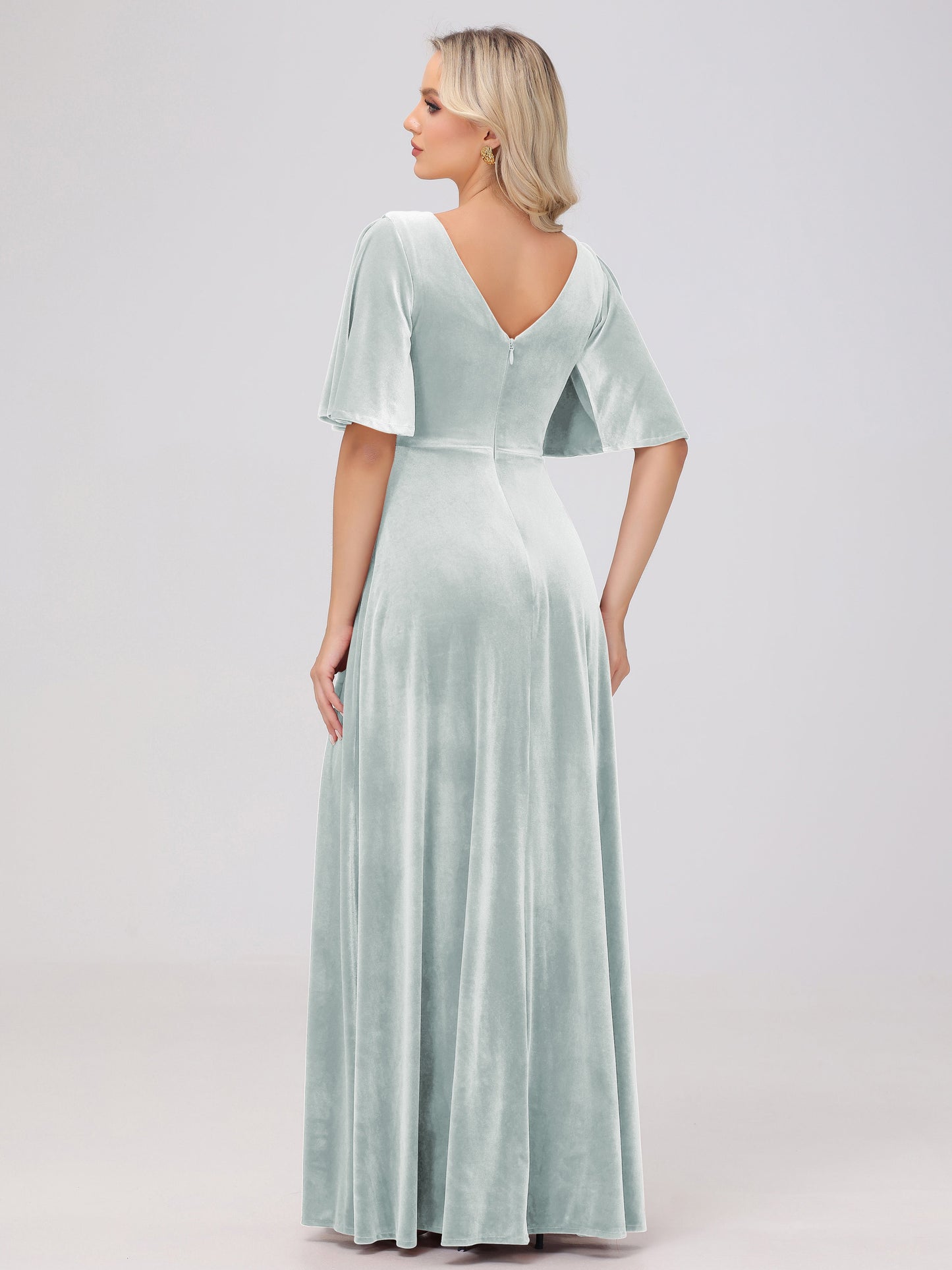 A-Line V-Neck Short Sleeves Velvet Bridesmaid Dresses