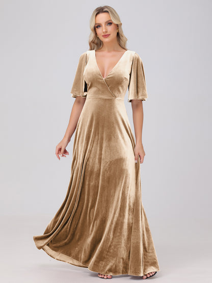 A-Line V-Neck Short Sleeves Velvet Bridesmaid Dresses
