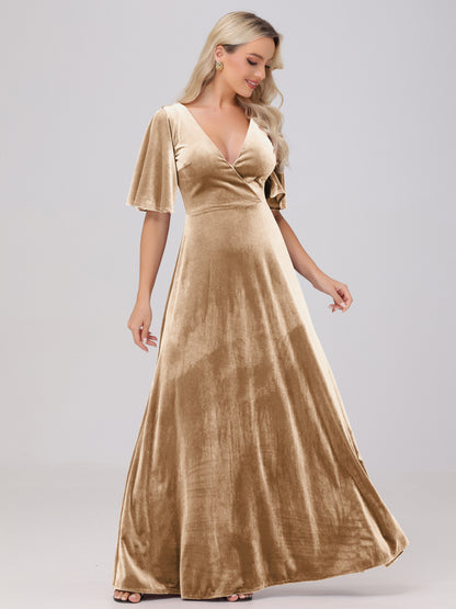 A-Line V-Neck Short Sleeves Velvet Bridesmaid Dresses