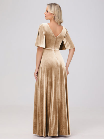 A-Line V-Neck Short Sleeves Velvet Bridesmaid Dresses
