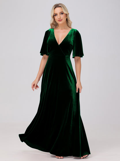 A-Line V-Neck Short Sleeves Velvet Bridesmaid Dresses