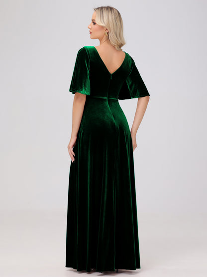 A-Line V-Neck Short Sleeves Velvet Bridesmaid Dresses