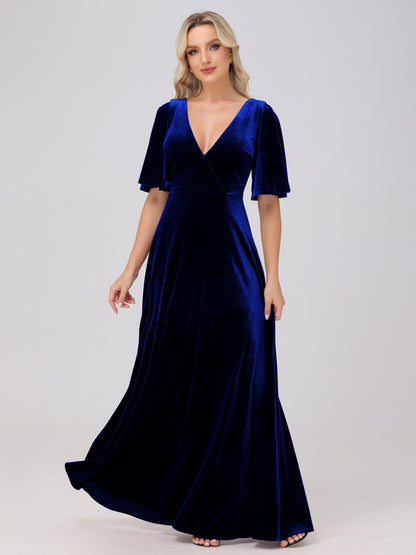 A-Line V-Neck Short Sleeves Velvet Bridesmaid Dresses