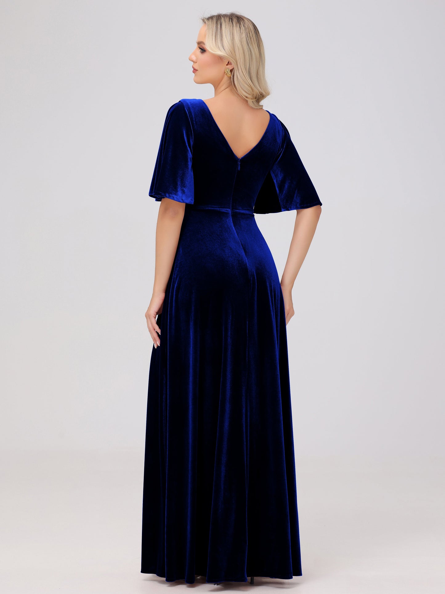 A-Line V-Neck Short Sleeves Velvet Bridesmaid Dresses