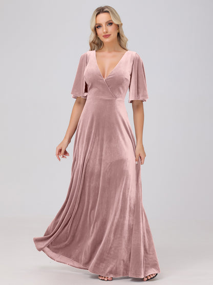 A-Line V-Neck Short Sleeves Velvet Bridesmaid Dresses