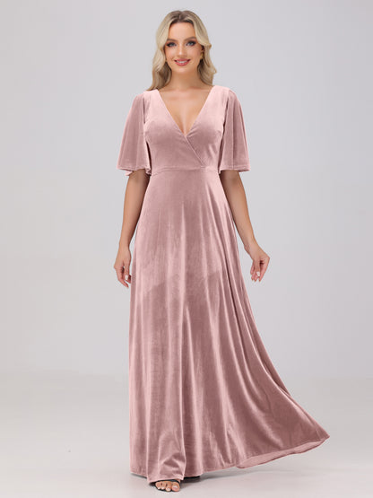 A-Line V-Neck Short Sleeves Velvet Bridesmaid Dresses