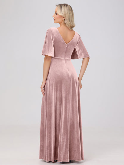A-Line V-Neck Short Sleeves Velvet Bridesmaid Dresses
