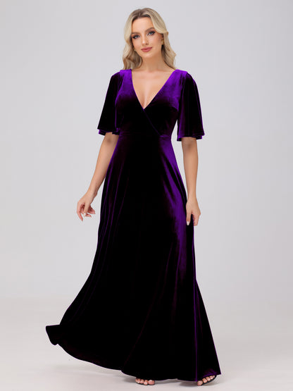 A-Line V-Neck Short Sleeves Velvet Bridesmaid Dresses
