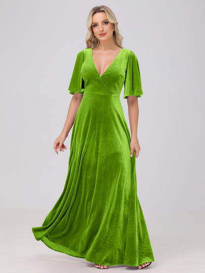 A-Line V-Neck Short Sleeves Velvet Bridesmaid Dresses