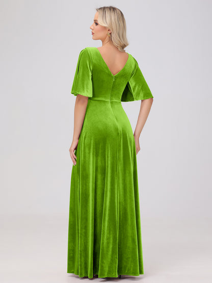 A-Line V-Neck Short Sleeves Velvet Bridesmaid Dresses
