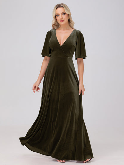 A-Line V-Neck Short Sleeves Velvet Bridesmaid Dresses