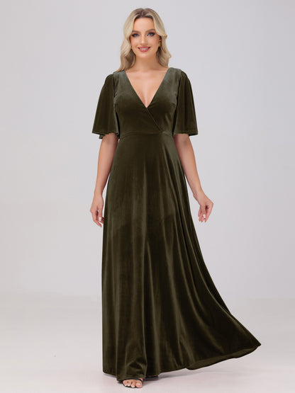 A-Line V-Neck Short Sleeves Velvet Bridesmaid Dresses