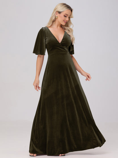 A-Line V-Neck Short Sleeves Velvet Bridesmaid Dresses