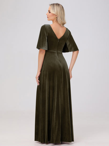 A-Line V-Neck Short Sleeves Velvet Bridesmaid Dresses