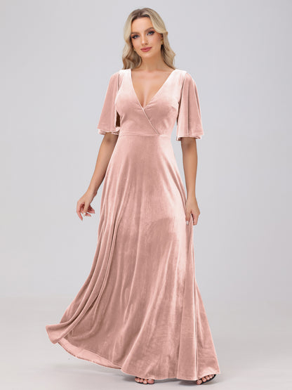 A-Line V-Neck Short Sleeves Velvet Bridesmaid Dresses