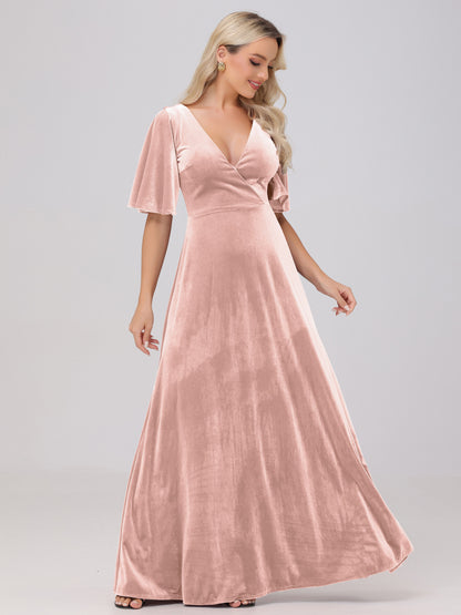 A-Line V-Neck Short Sleeves Velvet Bridesmaid Dresses