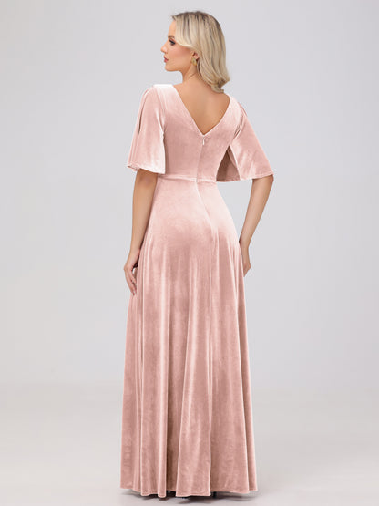 A-Line V-Neck Short Sleeves Velvet Bridesmaid Dresses