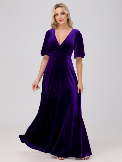 A-Line V-Neck Short Sleeves Velvet Bridesmaid Dresses