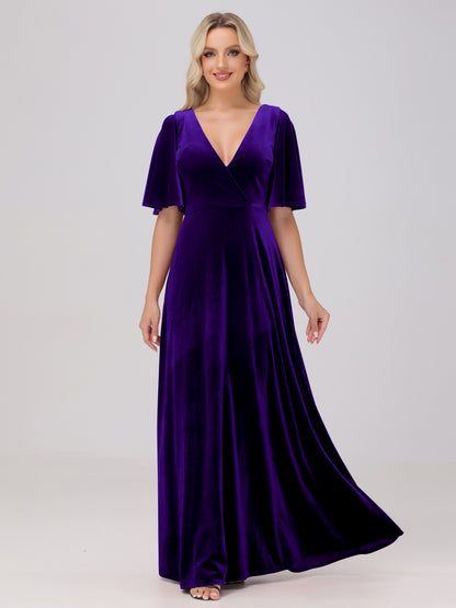 A-Line V-Neck Short Sleeves Velvet Bridesmaid Dresses