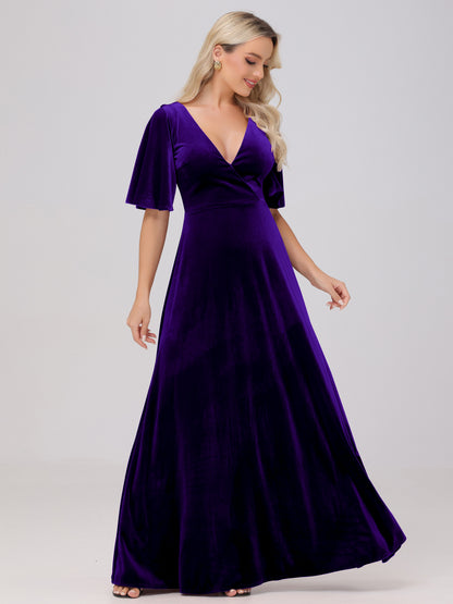 A-Line V-Neck Short Sleeves Velvet Bridesmaid Dresses