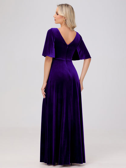 A-Line V-Neck Short Sleeves Velvet Bridesmaid Dresses